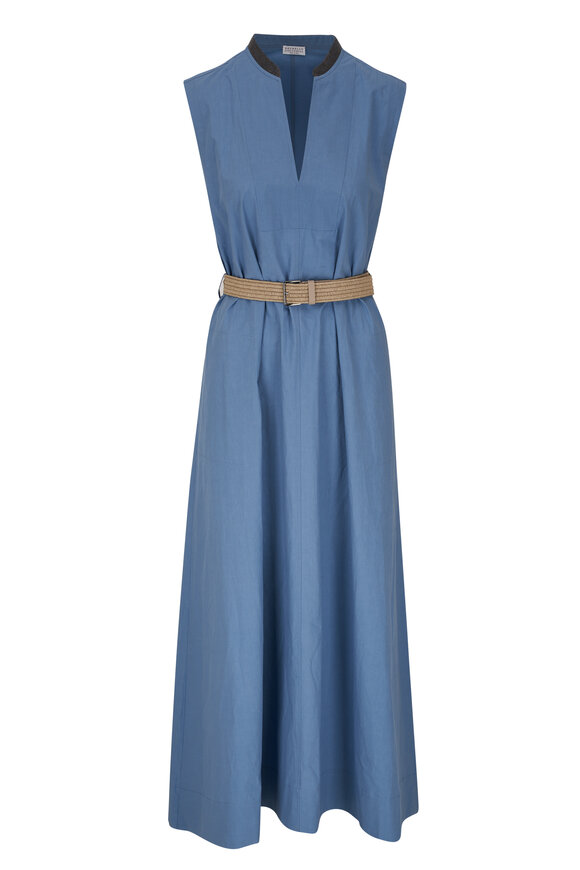 Brunello Cucinelli - Artic Blue Belted Monili Maxi Dress