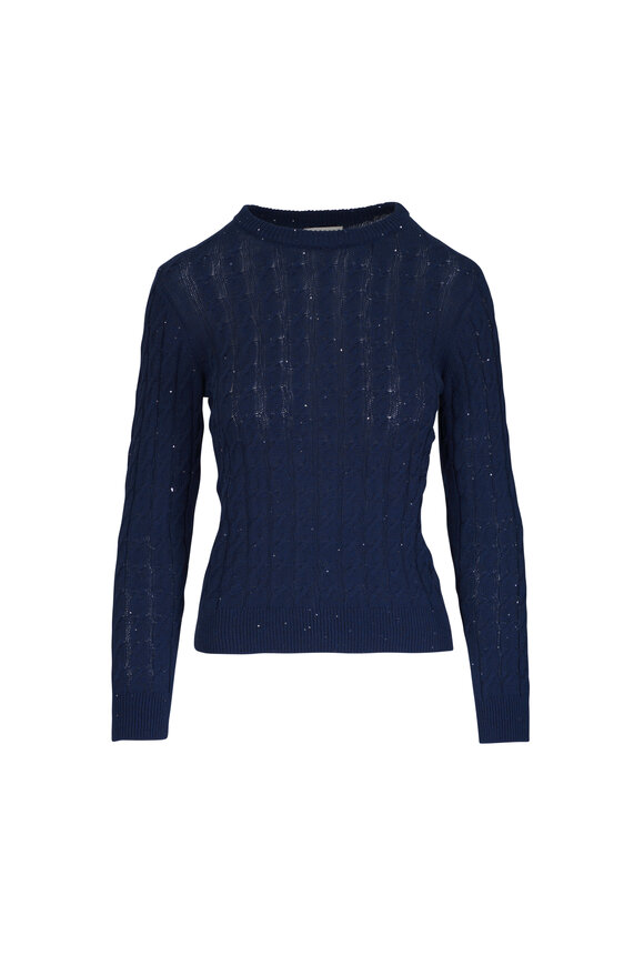 Kinross Navy Sequin Cable Knit Crewneck Sweater