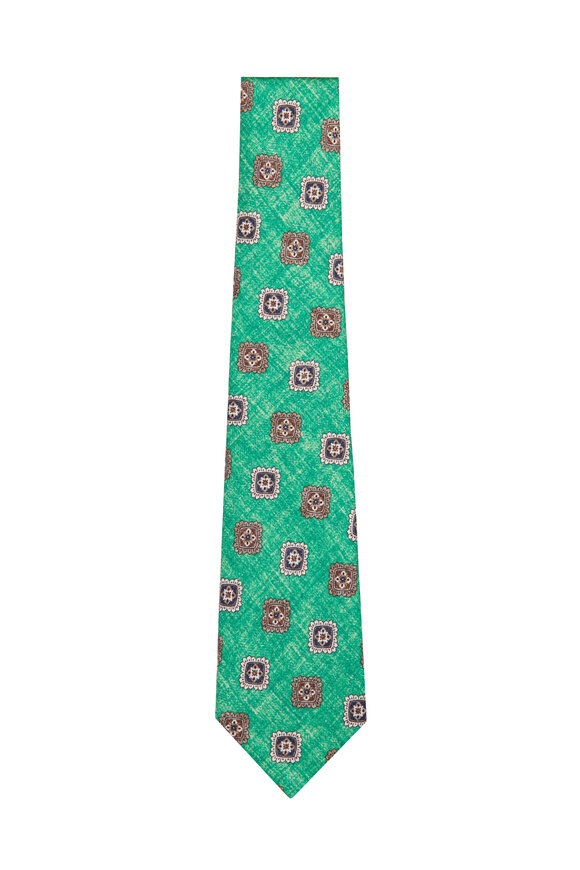 Kiton Green Geometric Print Silk Necktie - view 1