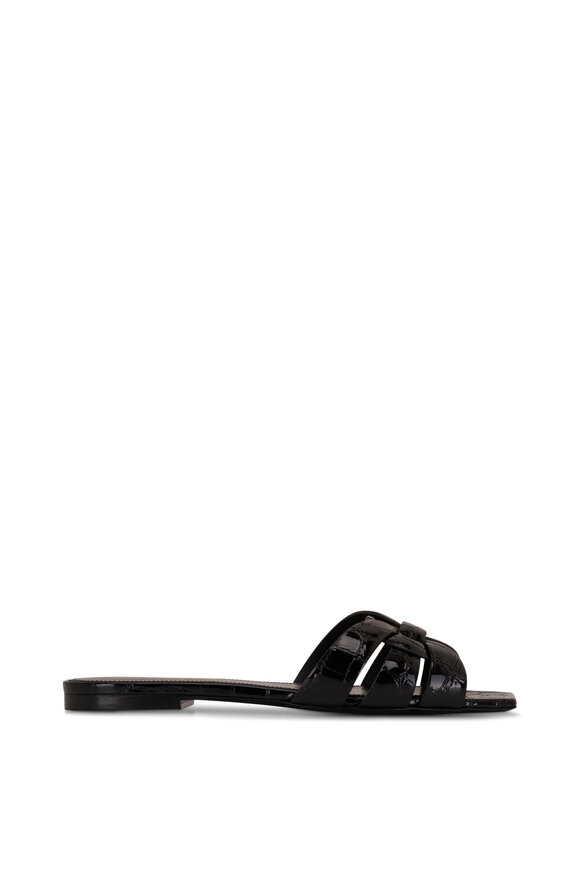 Saint Laurent - Tribute Black Embossed Patent Leather Flat Sandal 
