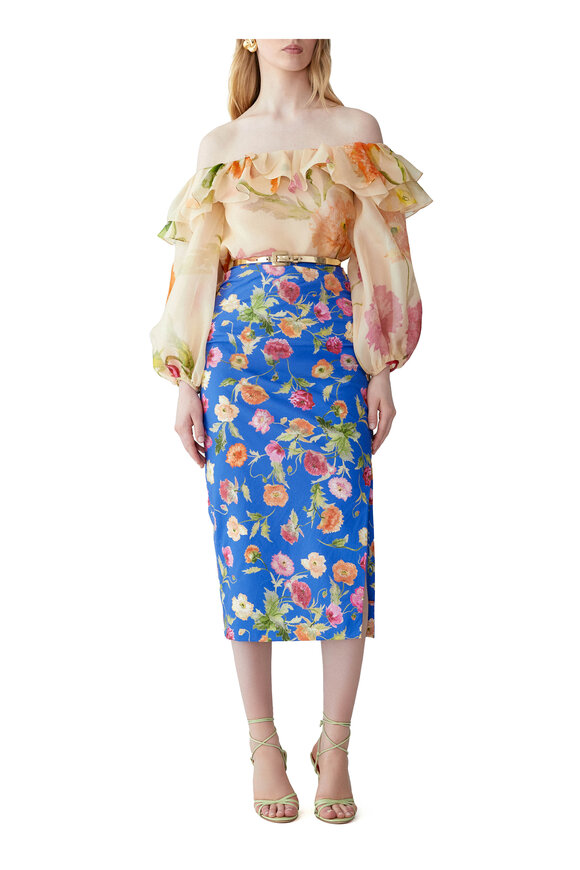 Carolina Herrera Almond Multi Poppy Print Organza Puff Sleeve Top - view 2