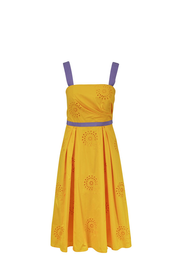 Carolina Herrera - Gold & Purple Cotton Eyelet A-Line Dress