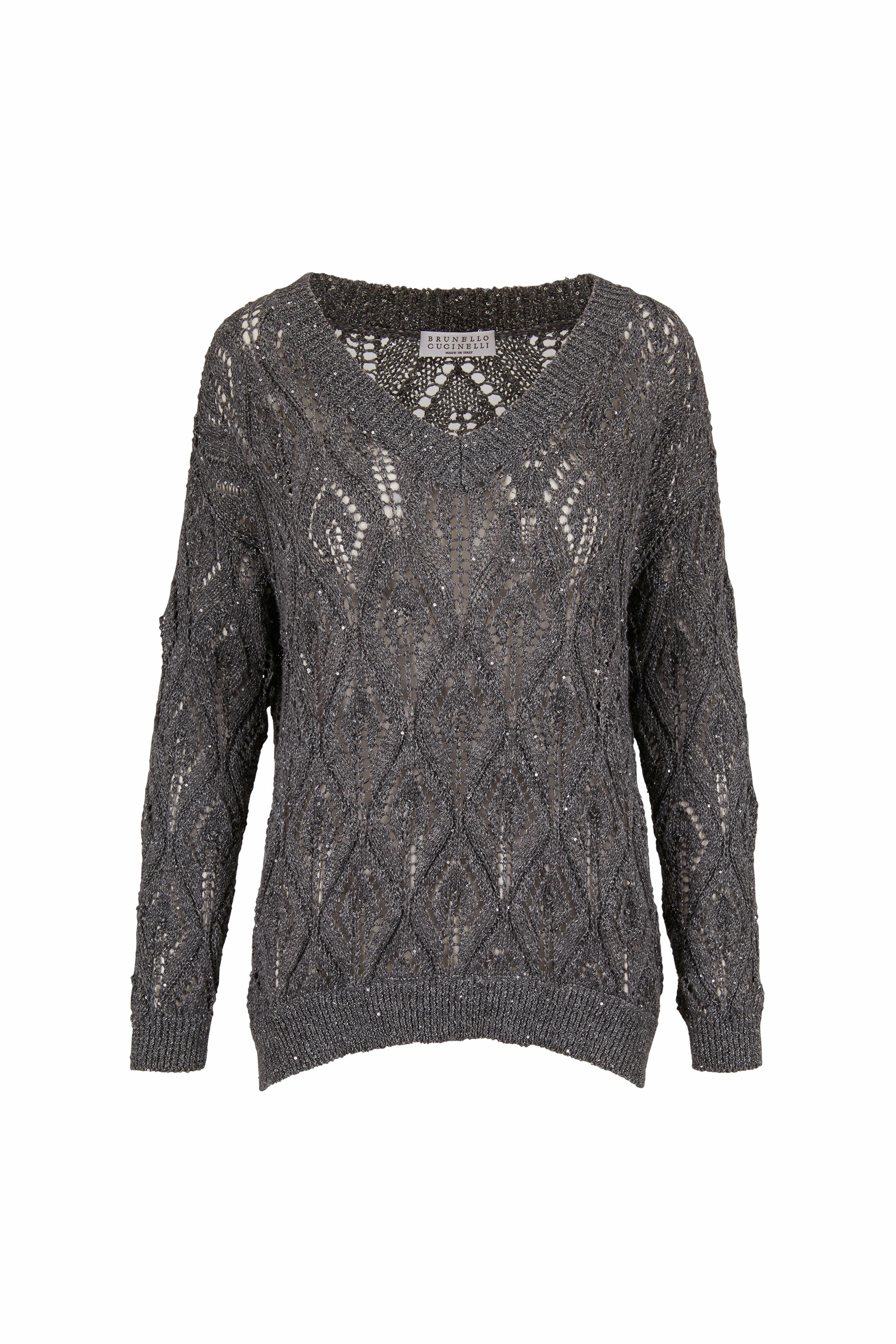 Brunello cucinelli トップス　ダークグレー Brunello Cucinelli - Charcoal Gray Diamond Crochet V-Neckline Sweater