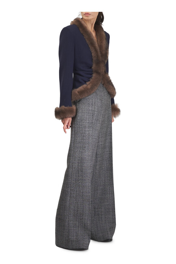 Valentino Navy Blue & Brown Wool Crepe Shearling Jacket - view 2