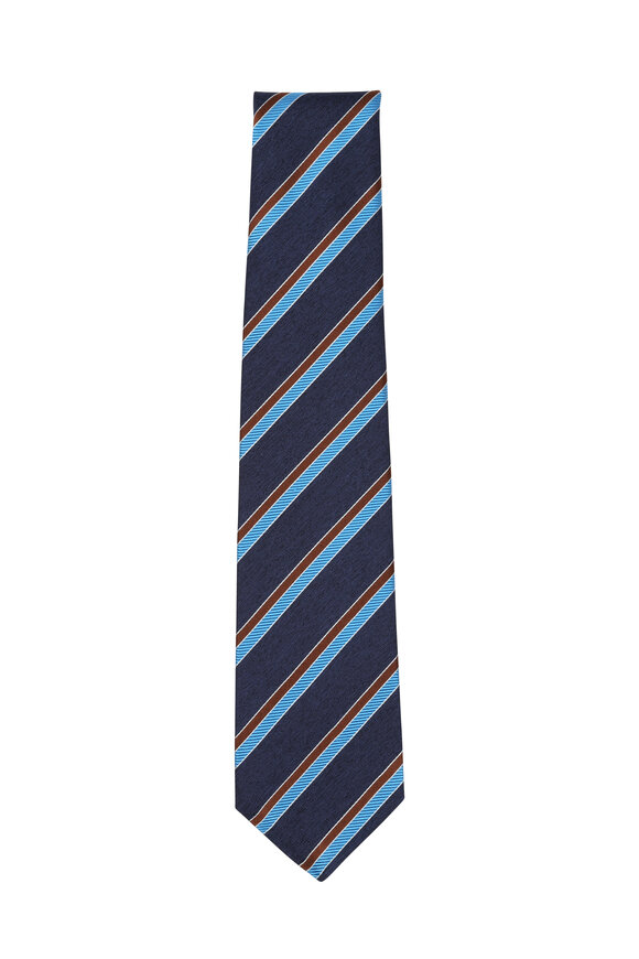 Kiton - Navy Blue & Brown Striped Silk Necktie 