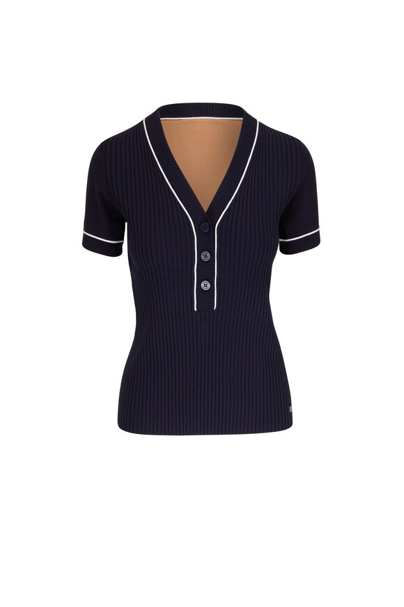 Bogner - Amber Navy & Beige Ribbed Knit V-Neck Top
