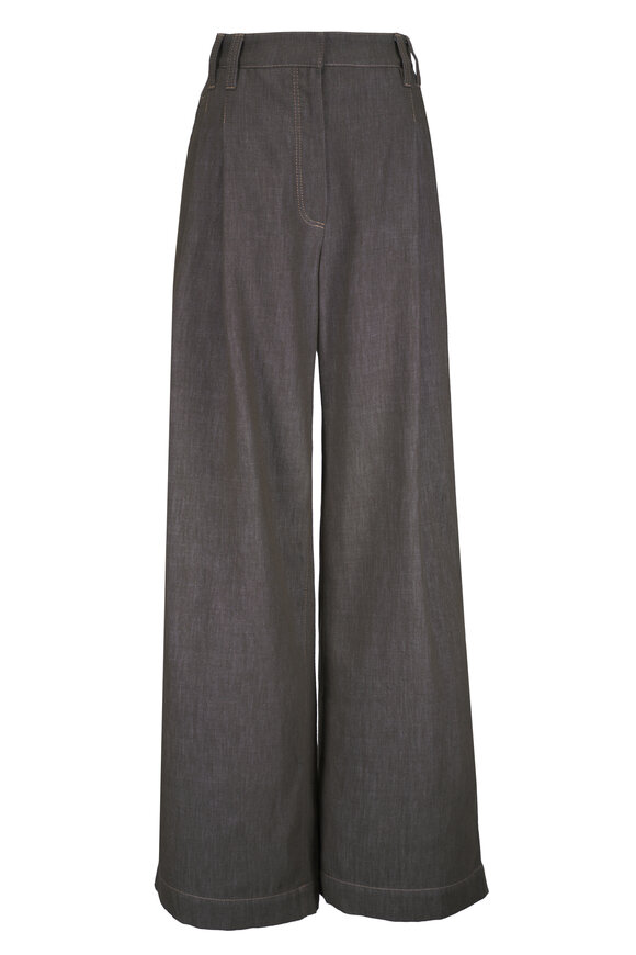 Brunello Cucinelli Olive Denim-Effect Cotton Twill Wide Smart Pant