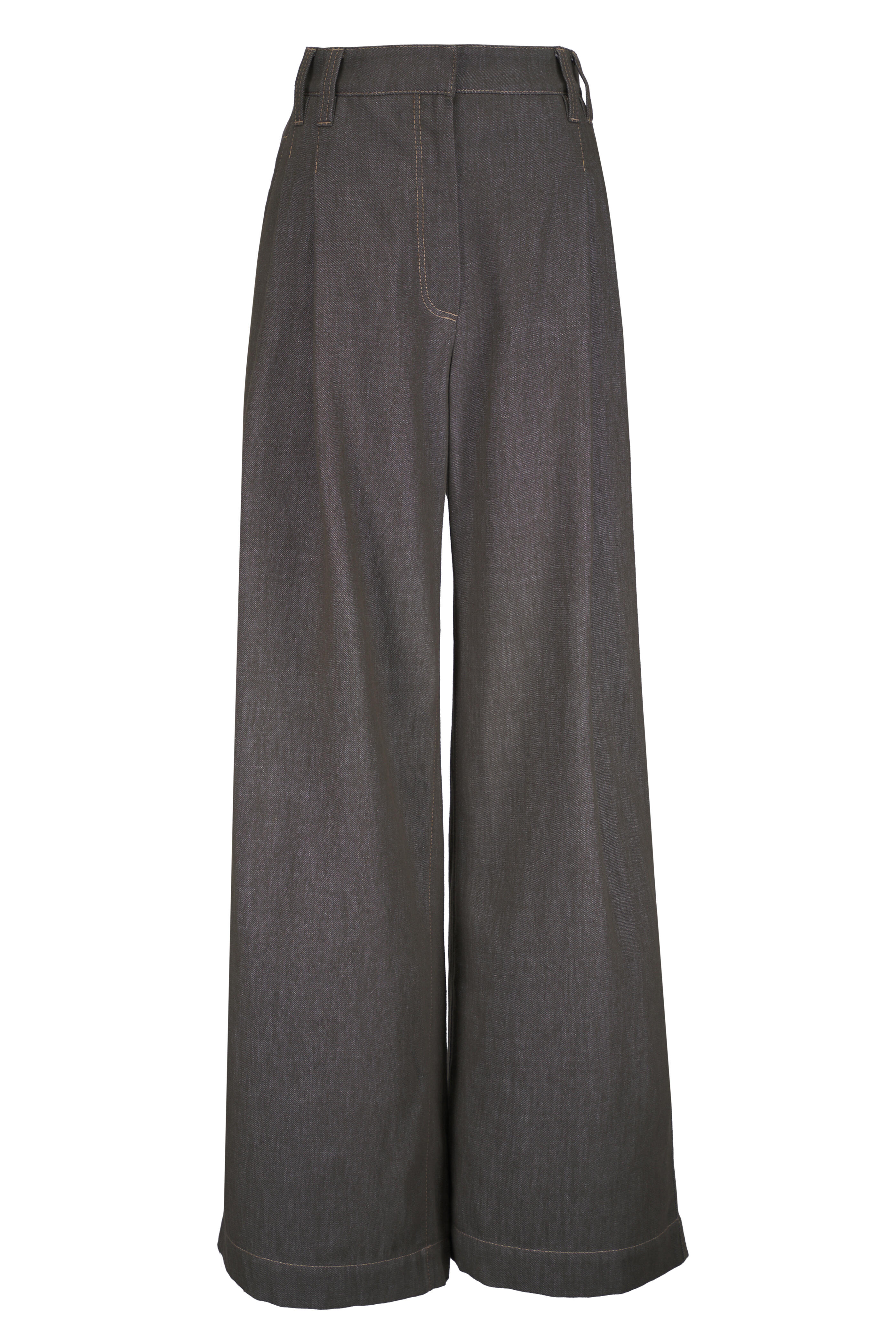 Brunello Cucinelli - Olive Denim-Effect Cotton Twill Wide Smart Pant