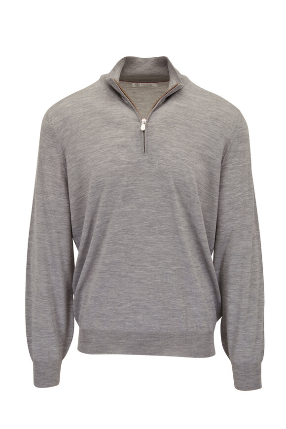 Brunello Cucinelli Light Gray Fine Gauge Quarter Zip Pullover