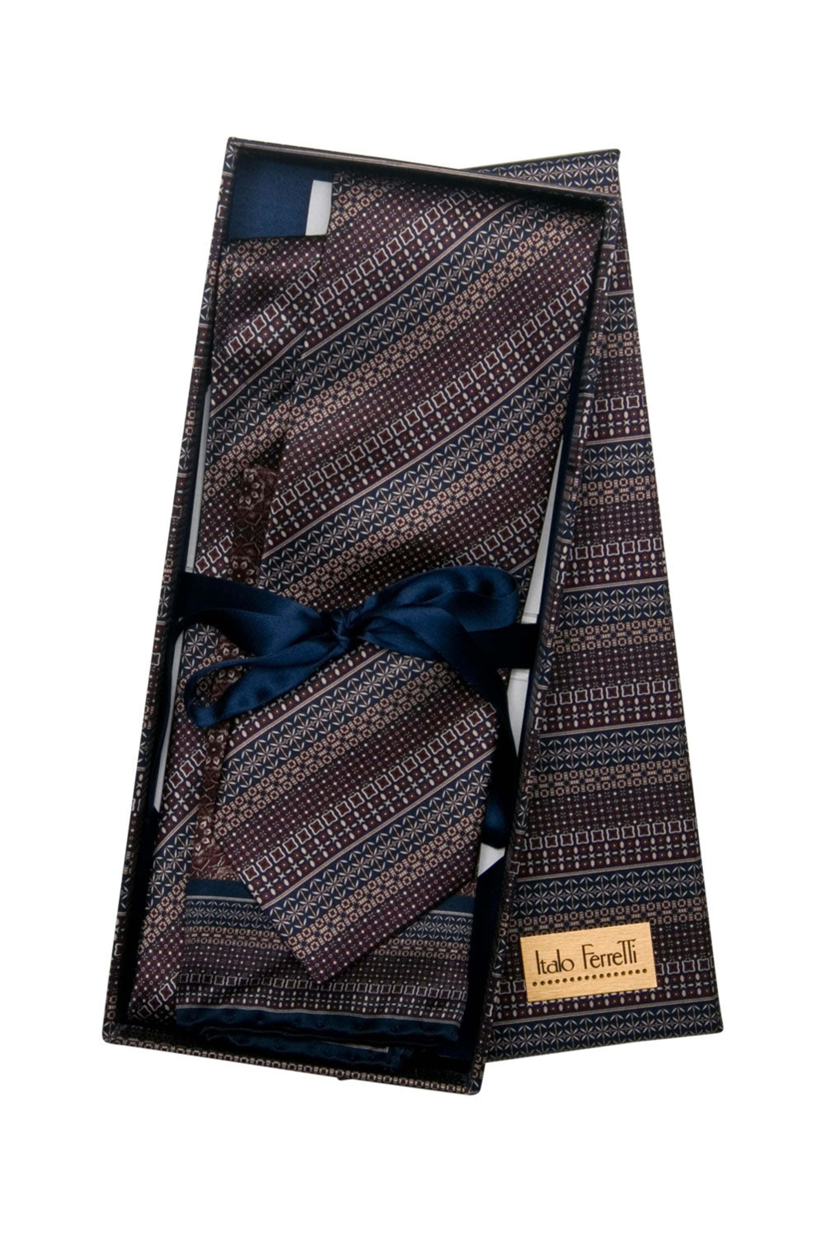 Italo Ferretti - Brown and Navy Tie and Pocket Square Gift Box