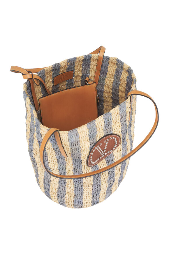 Valentino Garavani VLogo Natural & Azure Stripe Raffia Shopping Bag - view 6