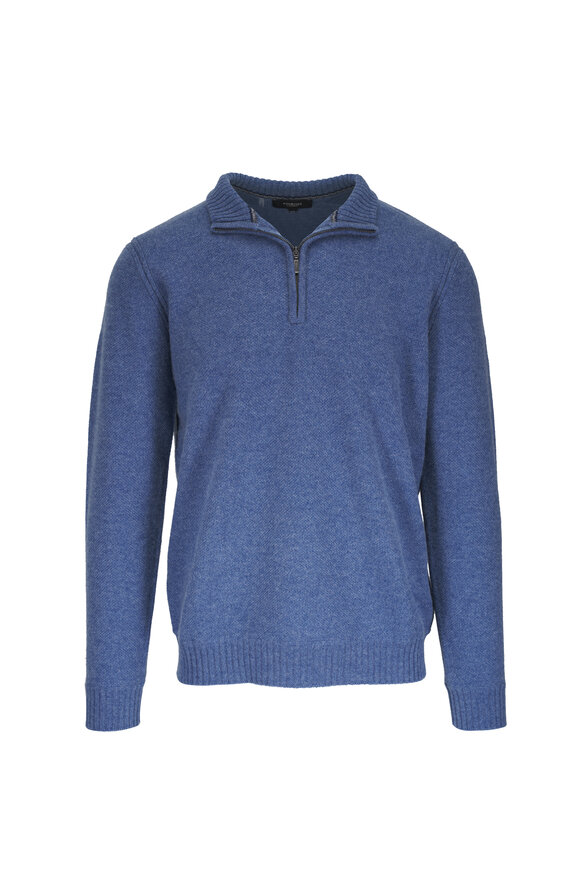 Kinross Denim Blue Cashmere Quarter Zip Pullover - view 1
