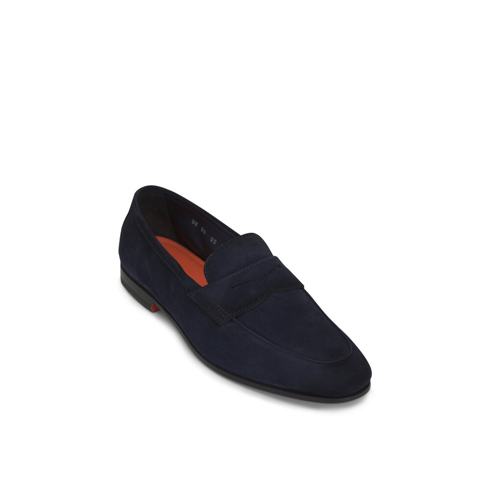 Santoni - Carlos Navy Blue Suede Penny Loafer | Mitchell Stores