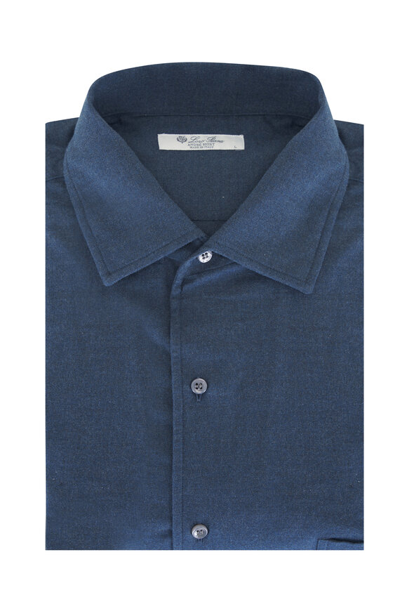 Loro Piana André Blue Cotton Flannel Sport Shirt - view 1