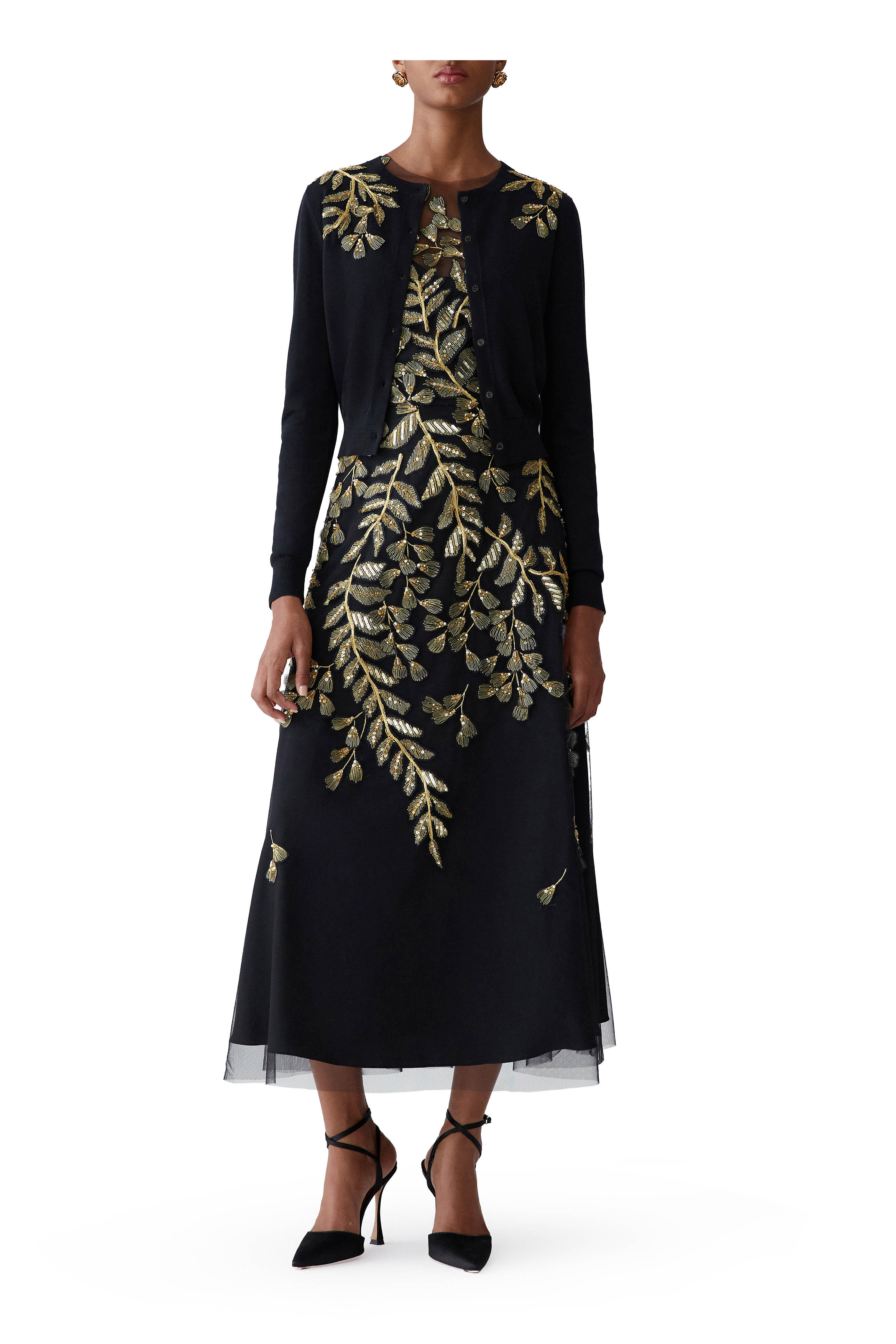 Carolina Herrera - Black Silk & Cotton Gold Leaf Embroidered Cardigan