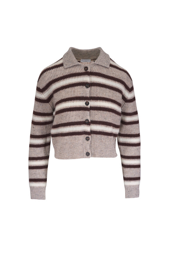 Brunello Cucinelli Chocolate Multi Stripe Lurex Collared Cardigan - view 1