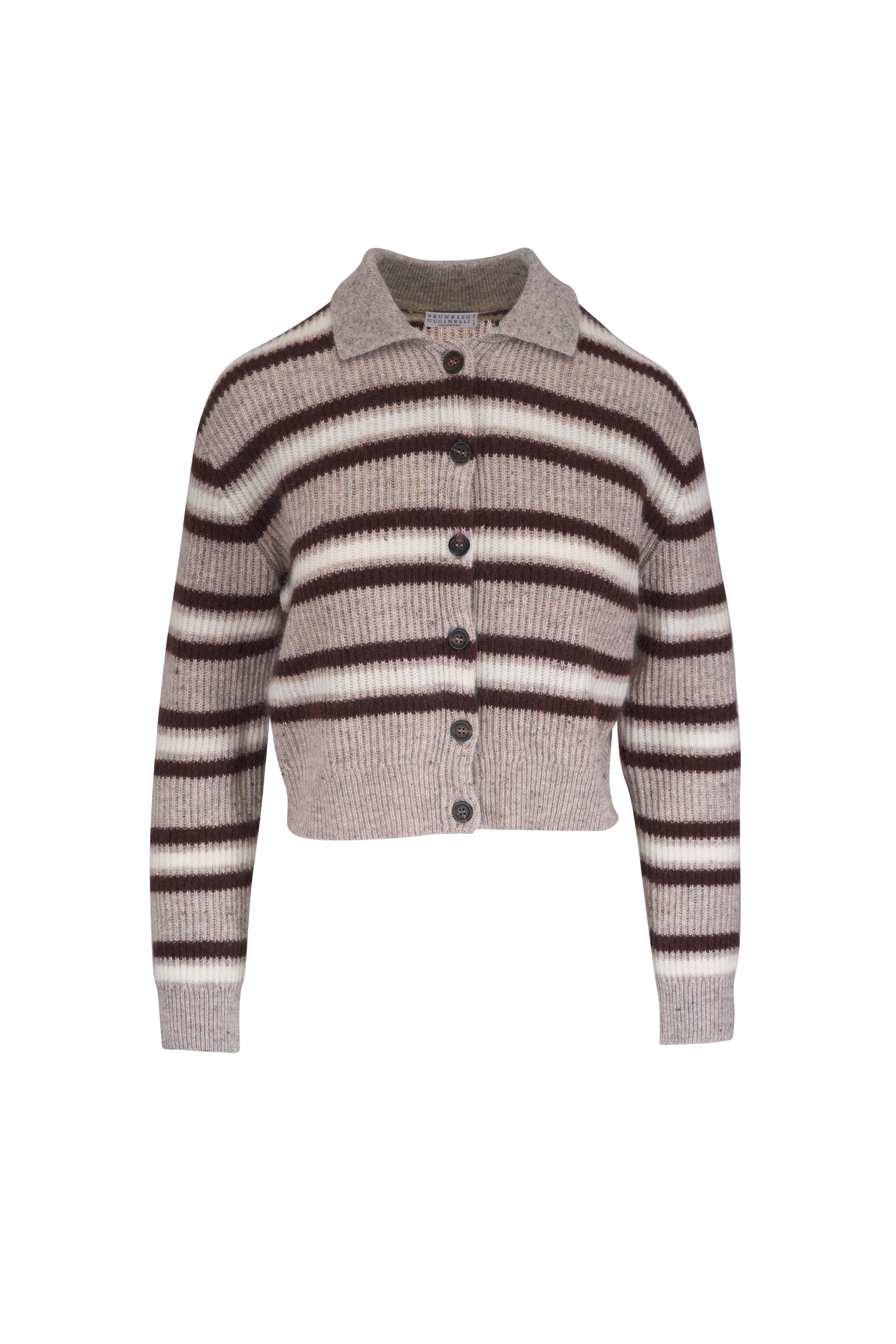 Brunello Cucinelli - Chocolate Multi Stripe Lurex Collared Cardigan - view 1