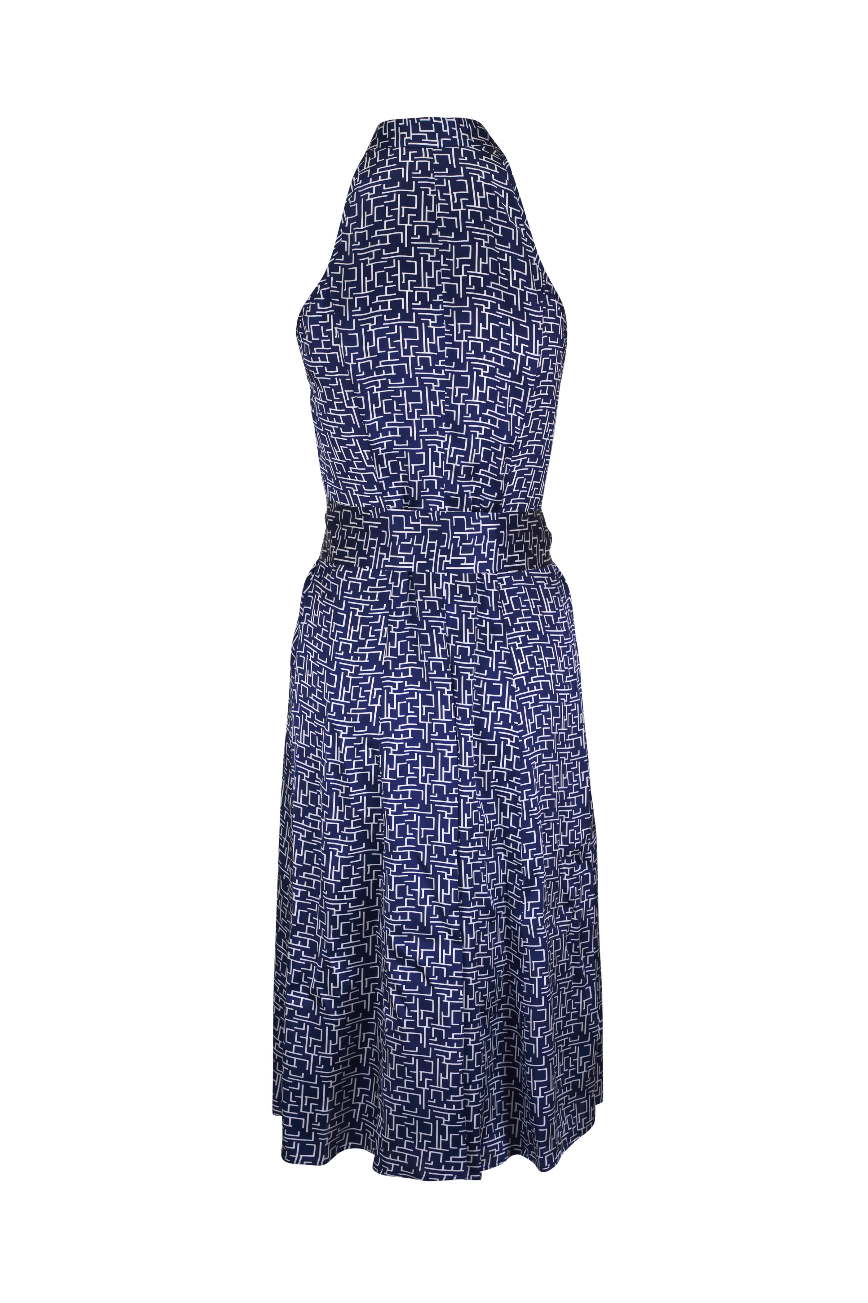 Kiton - Navy & White Geometric Print Silk Dress