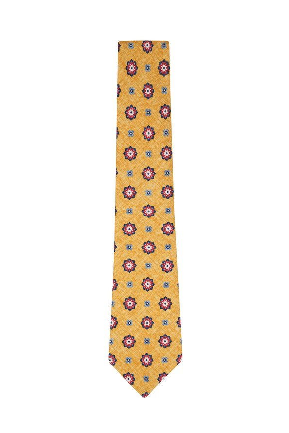 Kiton - Yellow & Red Floral Medallion Silk Necktie 