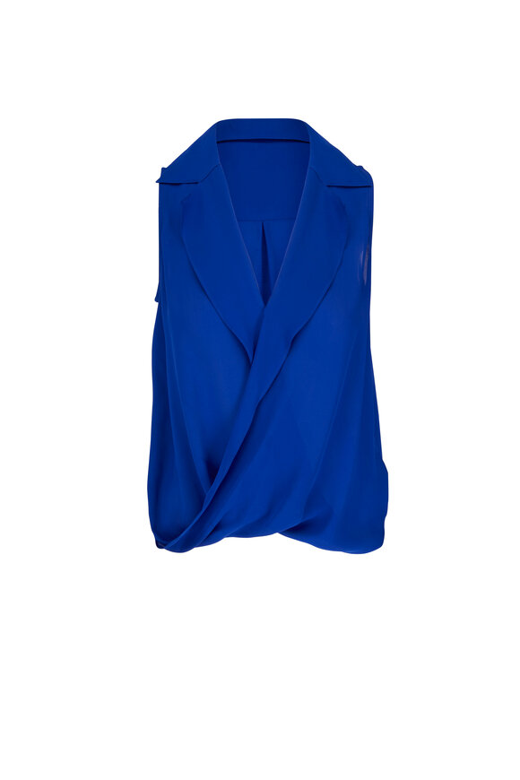 L'Agence - Freja Twilight Blue Silk Sleeveless Draped Blouse