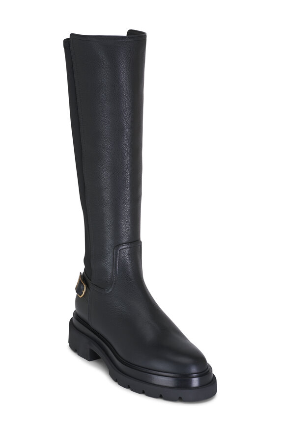 Santoni Erinbostr Black Leather Buckle Tall Boot 