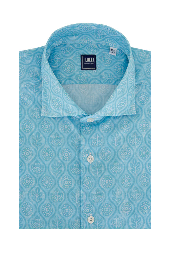 Fedeli Blue Floral Print Cotton Sport Shirt