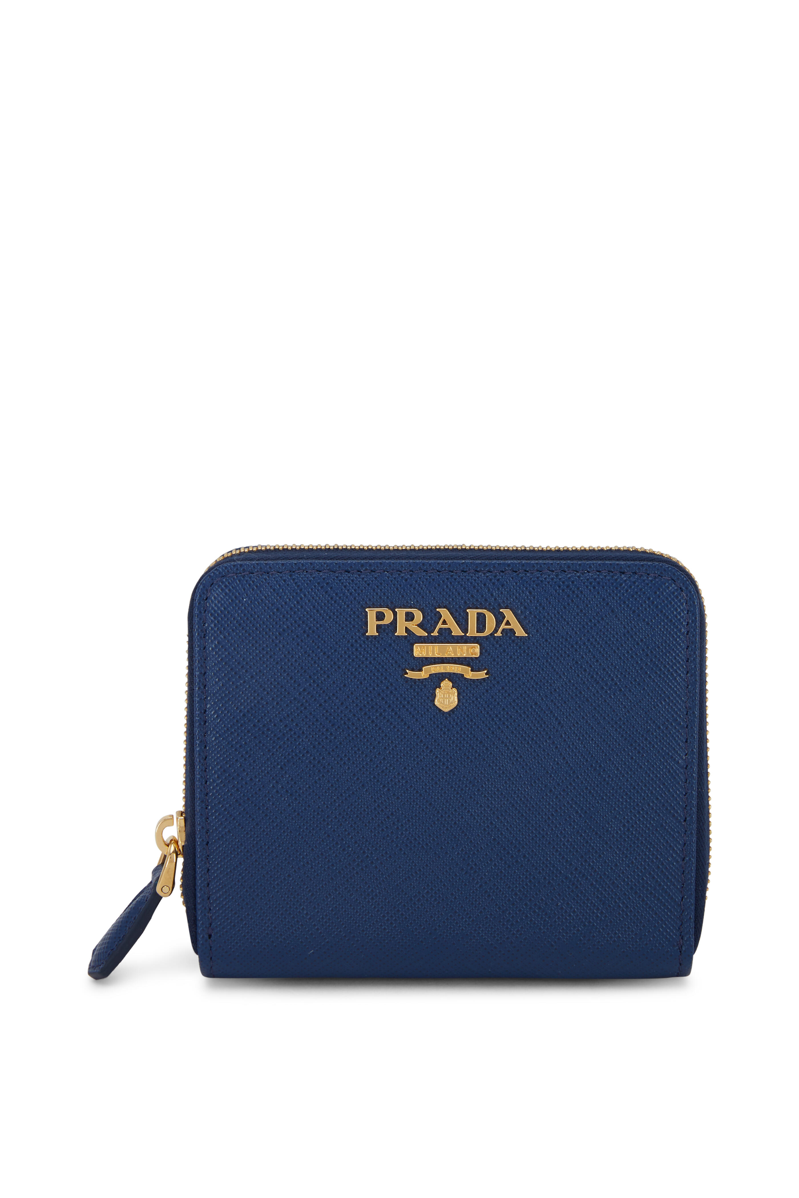 Prada Blue Saffiano Leather Zip Around Wallet Prada