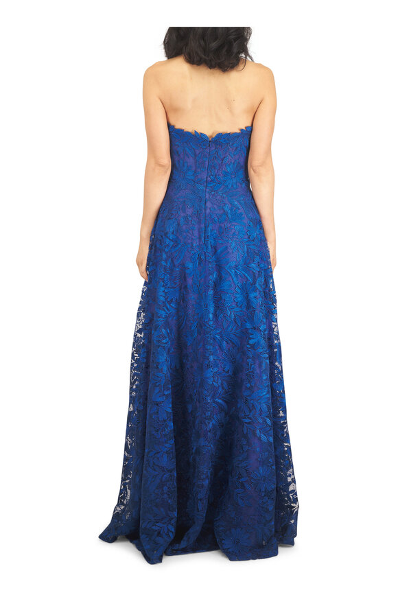 Naeem Khan Navy Blue Metallic Lace Strapless Gown - view 3