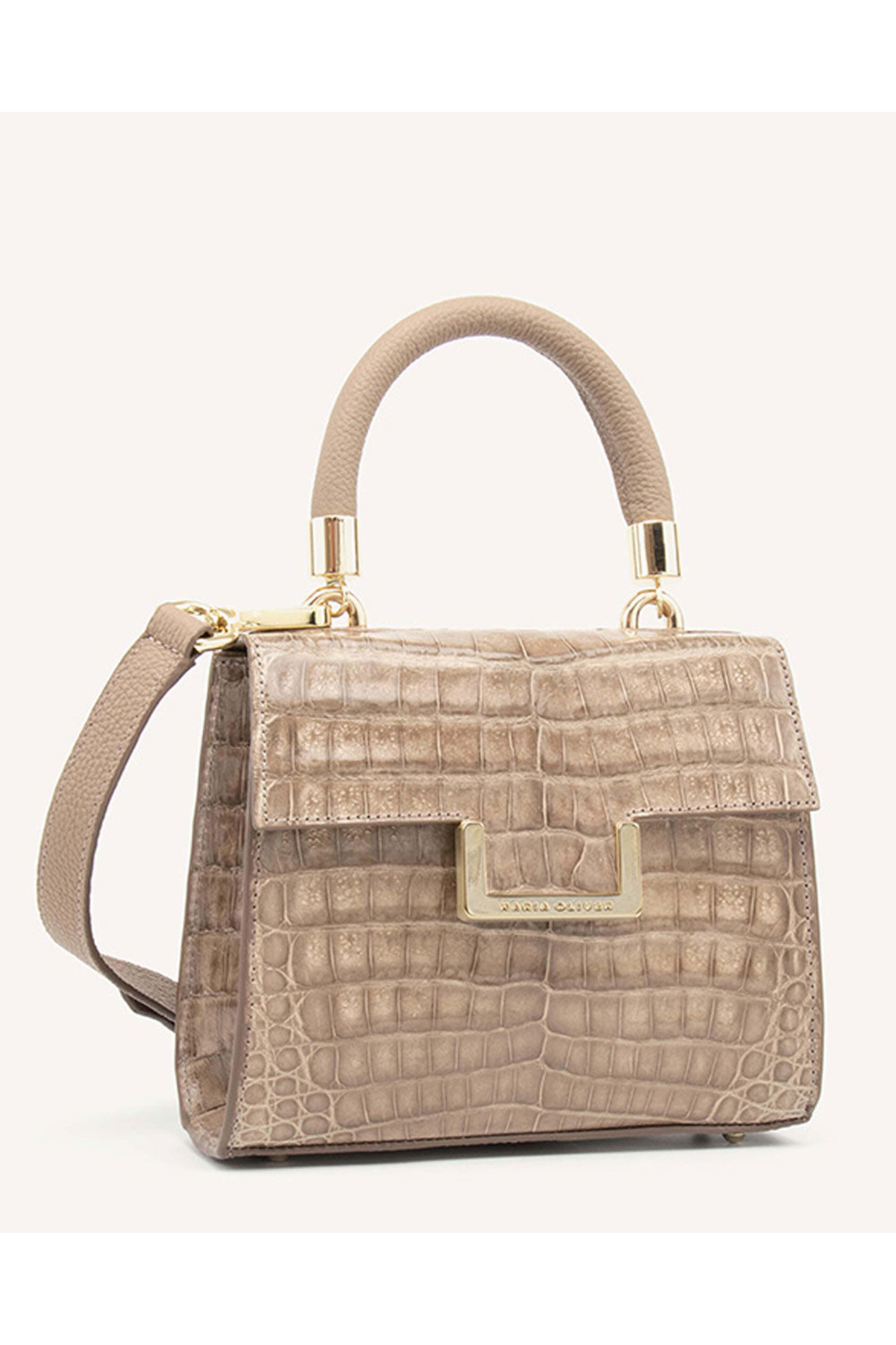 Maria Oliver - Michelle Crocodile Top-Handle Bag in Almond
