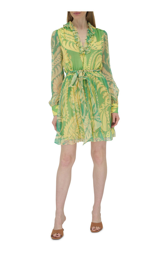 Etro - Green & Yellow Belted Silk Dress 