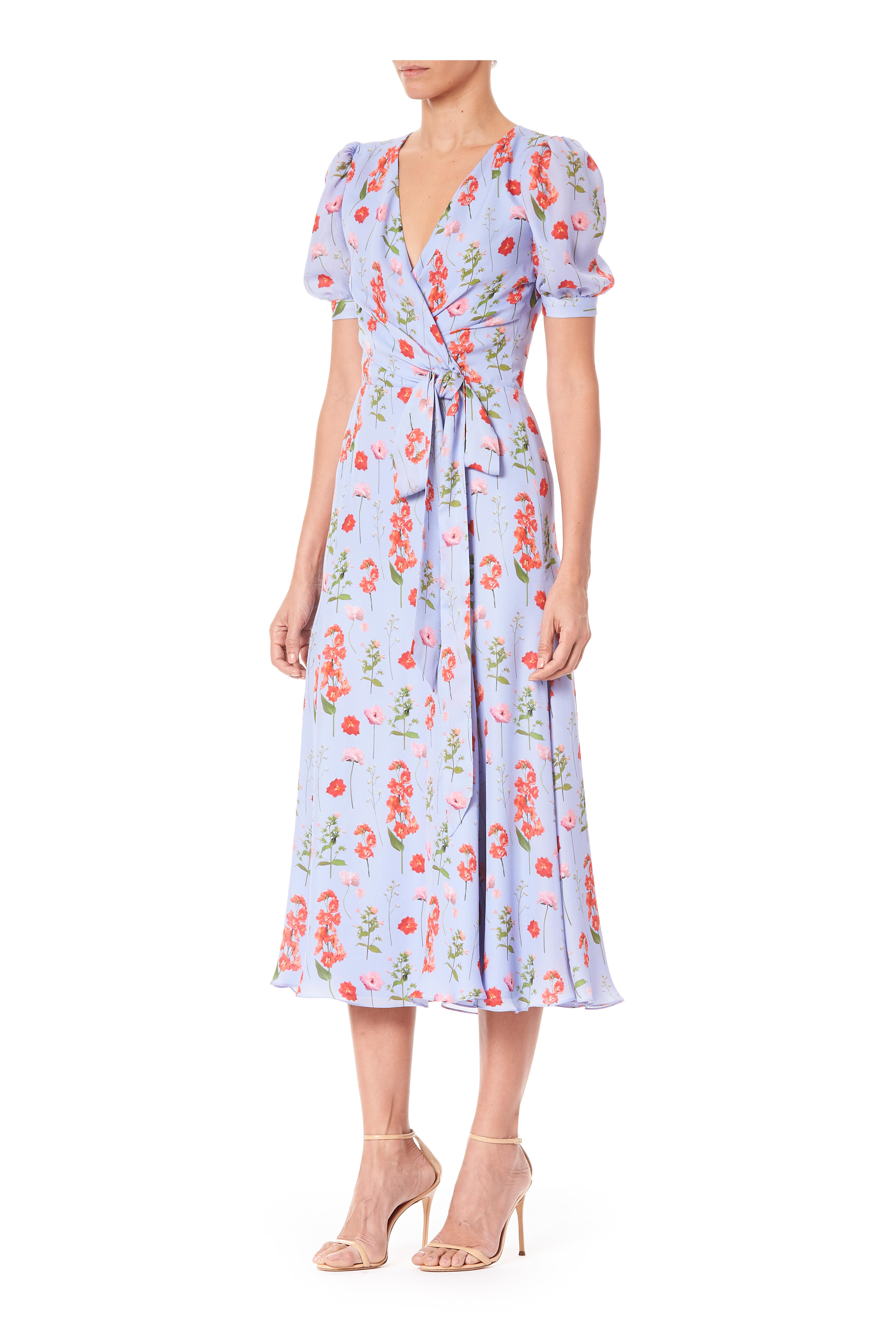 Carolina Herrera - Blue Multi Silk Floral Short Sleeve Dress