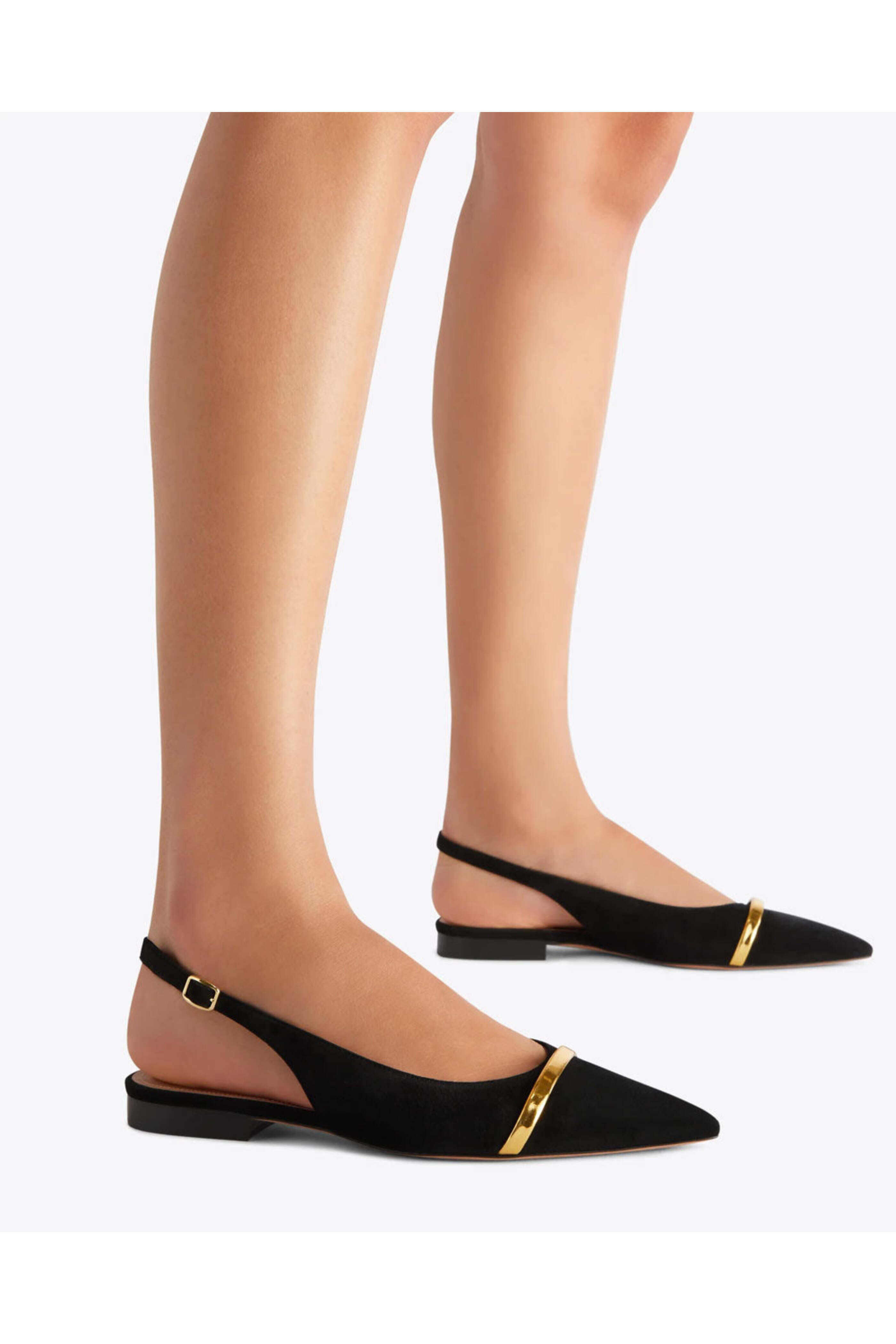 Malone Souliers - Jama Flat Suede Slingback in Black and Gold