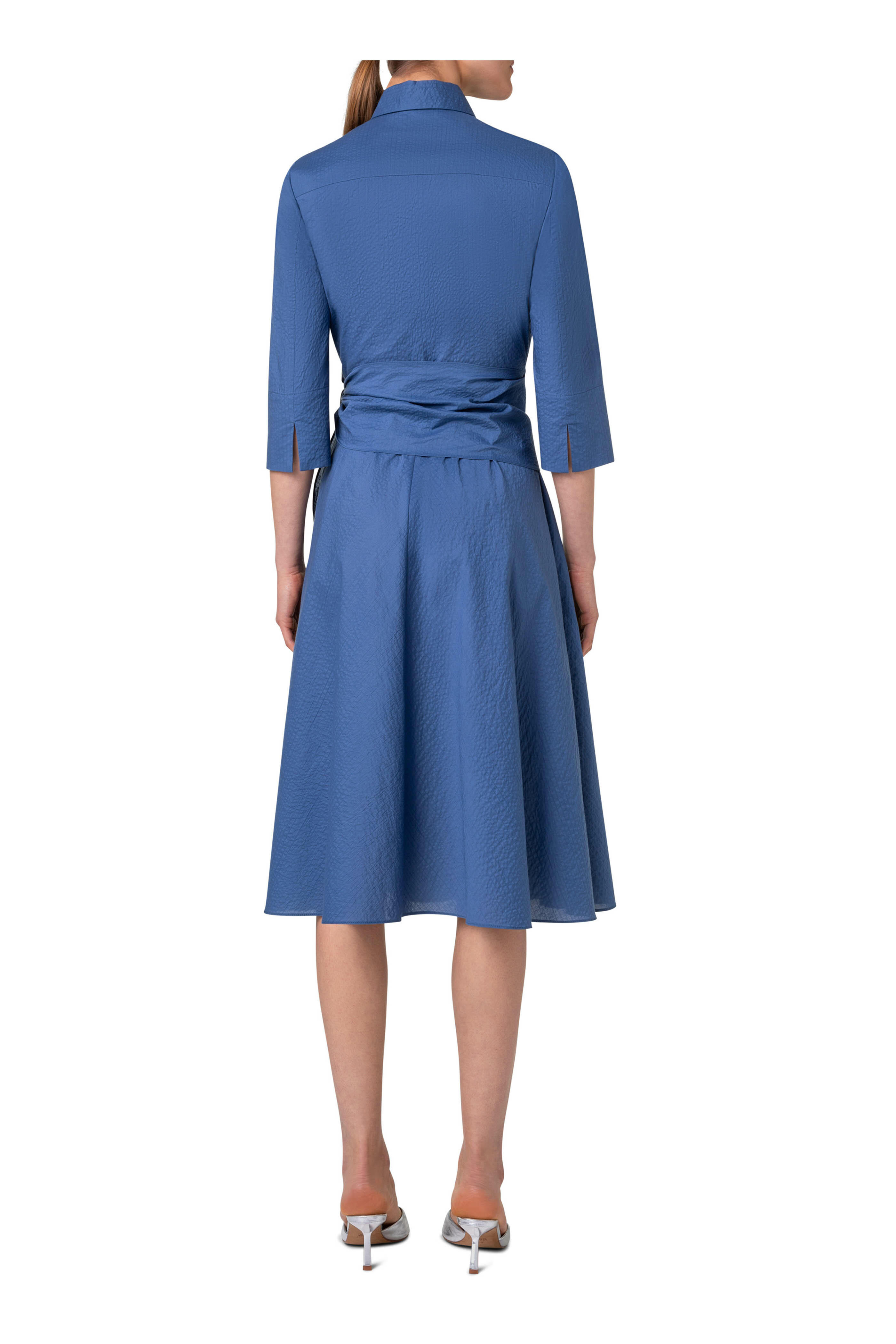 Akris Punto - Blue Cotton Poplin V-Neck Belted Midi Dress