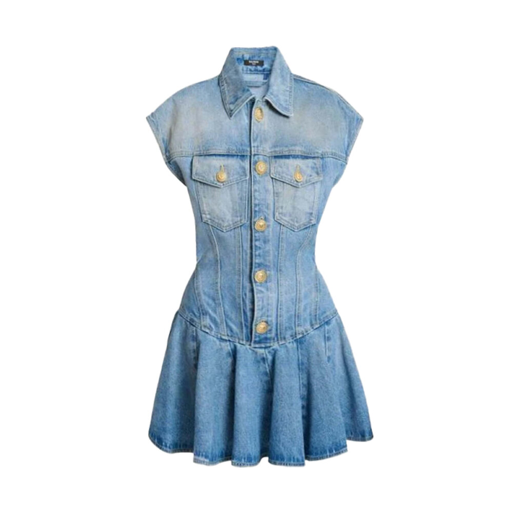 green emerald velvet dress Denim Flare Mini Dress – Britney Washed Denim Sleeveless Dress main image 0