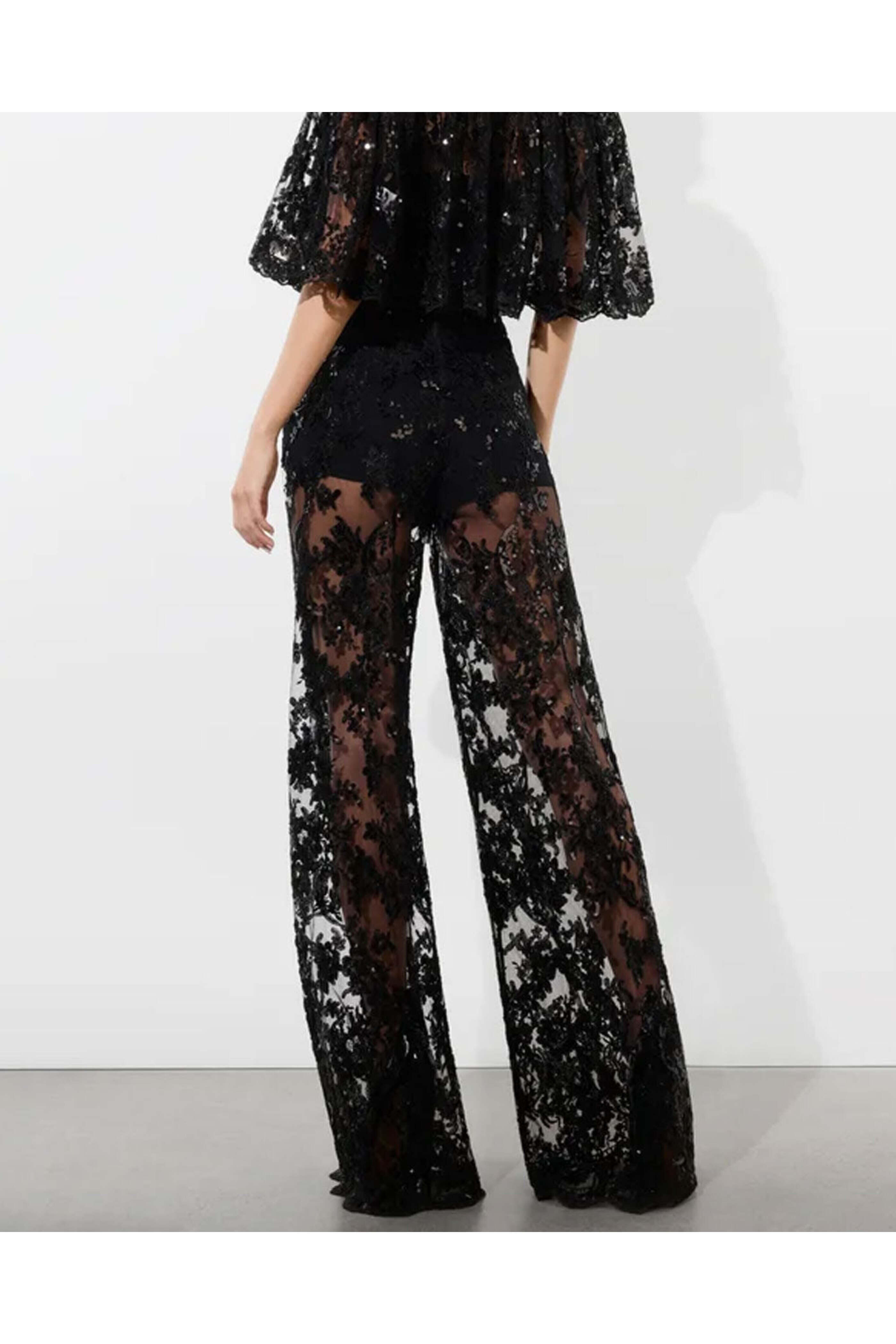 Alice & Olivia - Black Athena Embellished Sheer Lace Flared Pant