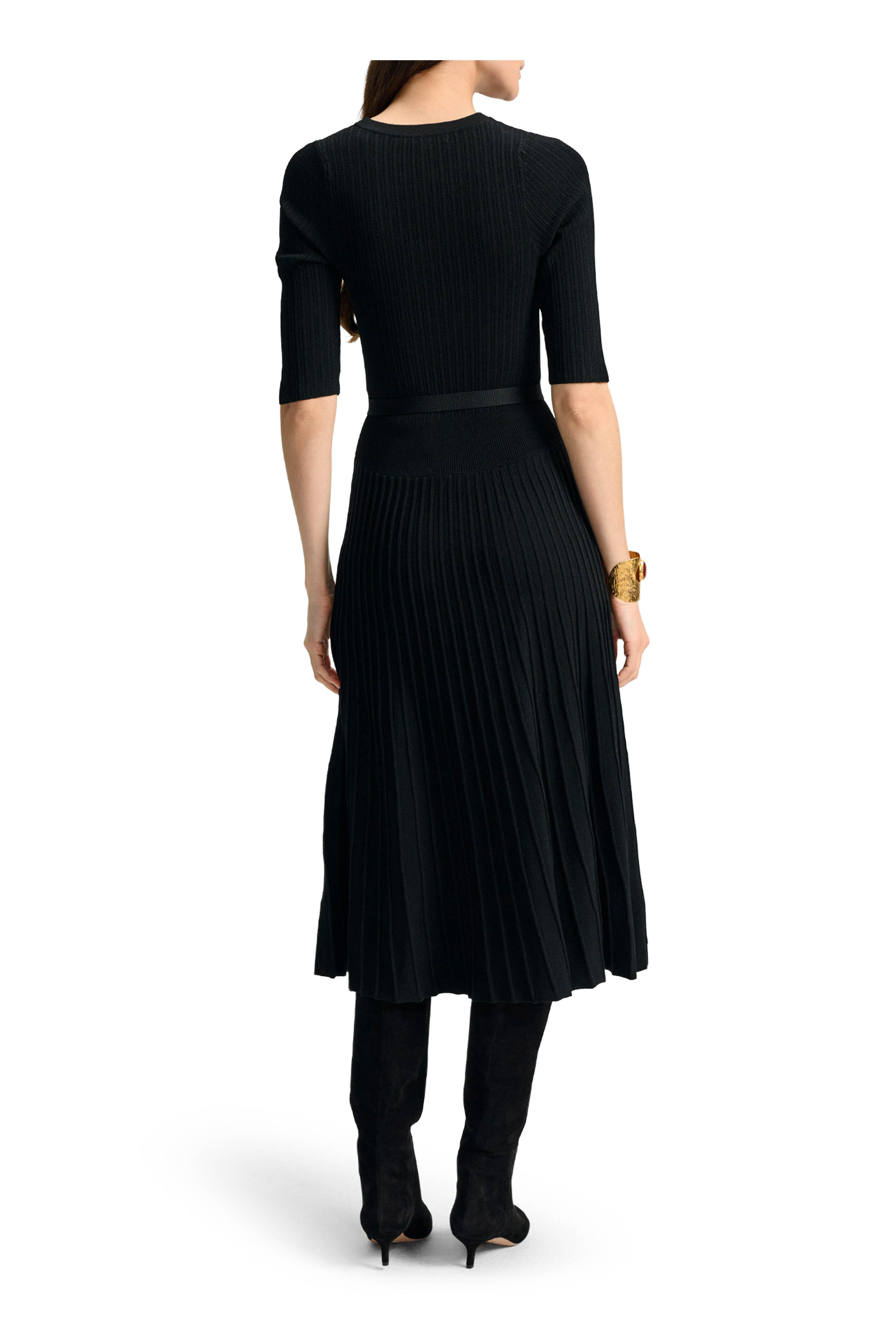 Veronica Beard - Elthea Black Ribbed Belted Midi Dress