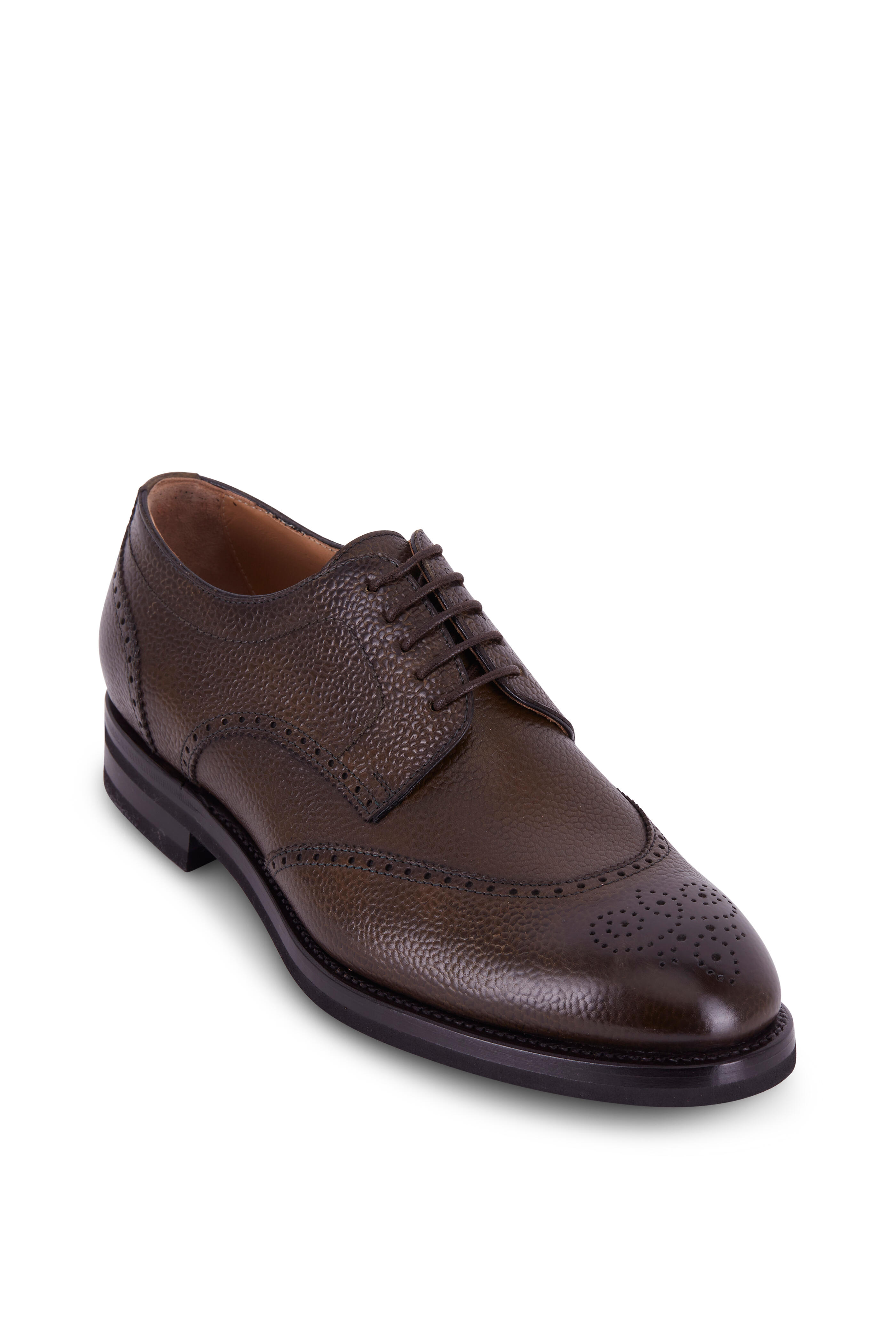 Kiton - Anticato Olive Green Leather Wingtip Dress Shoe