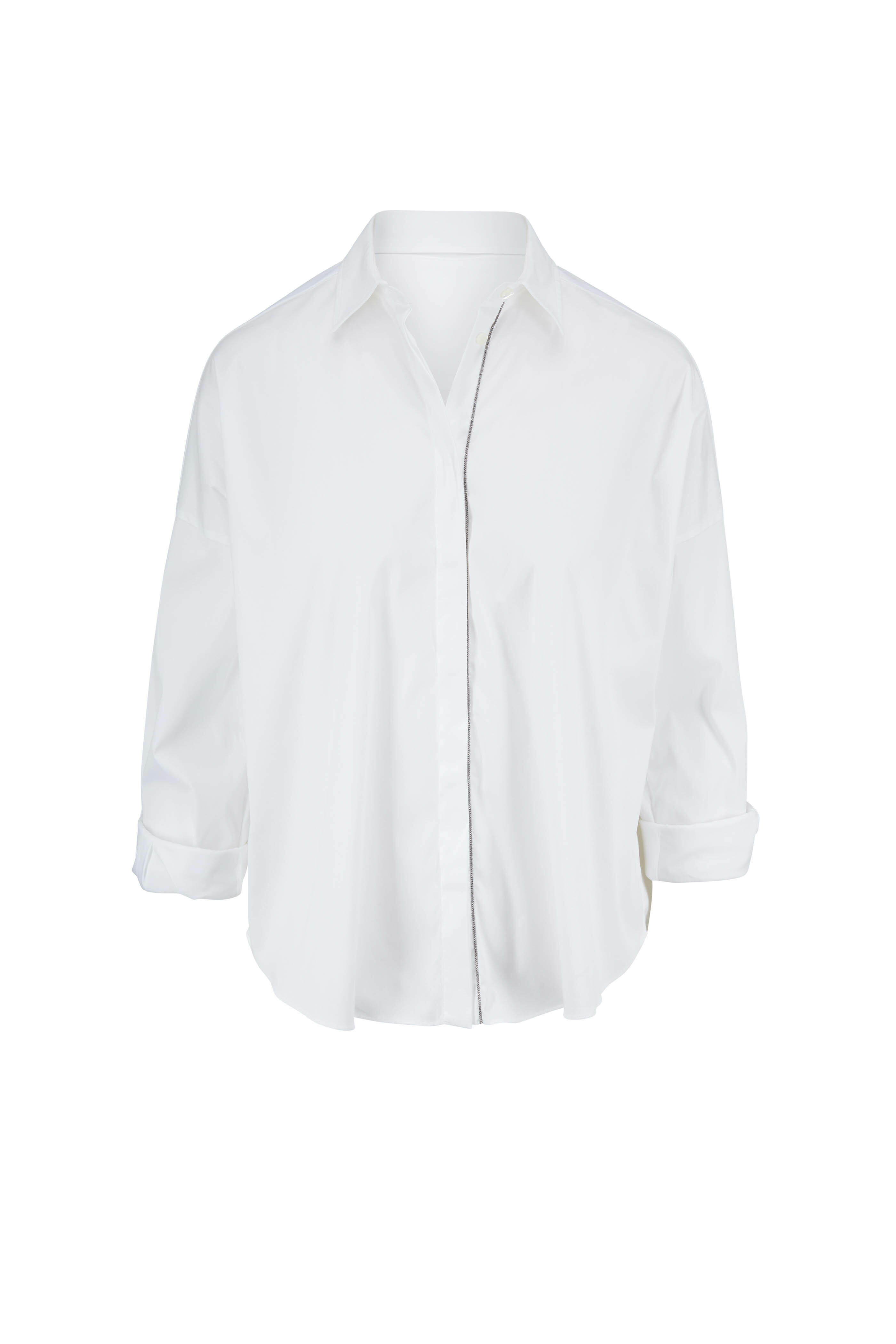 Brunello Cucinelli - White Oversized Roll-Up Cuffs Monili Trim Blouse