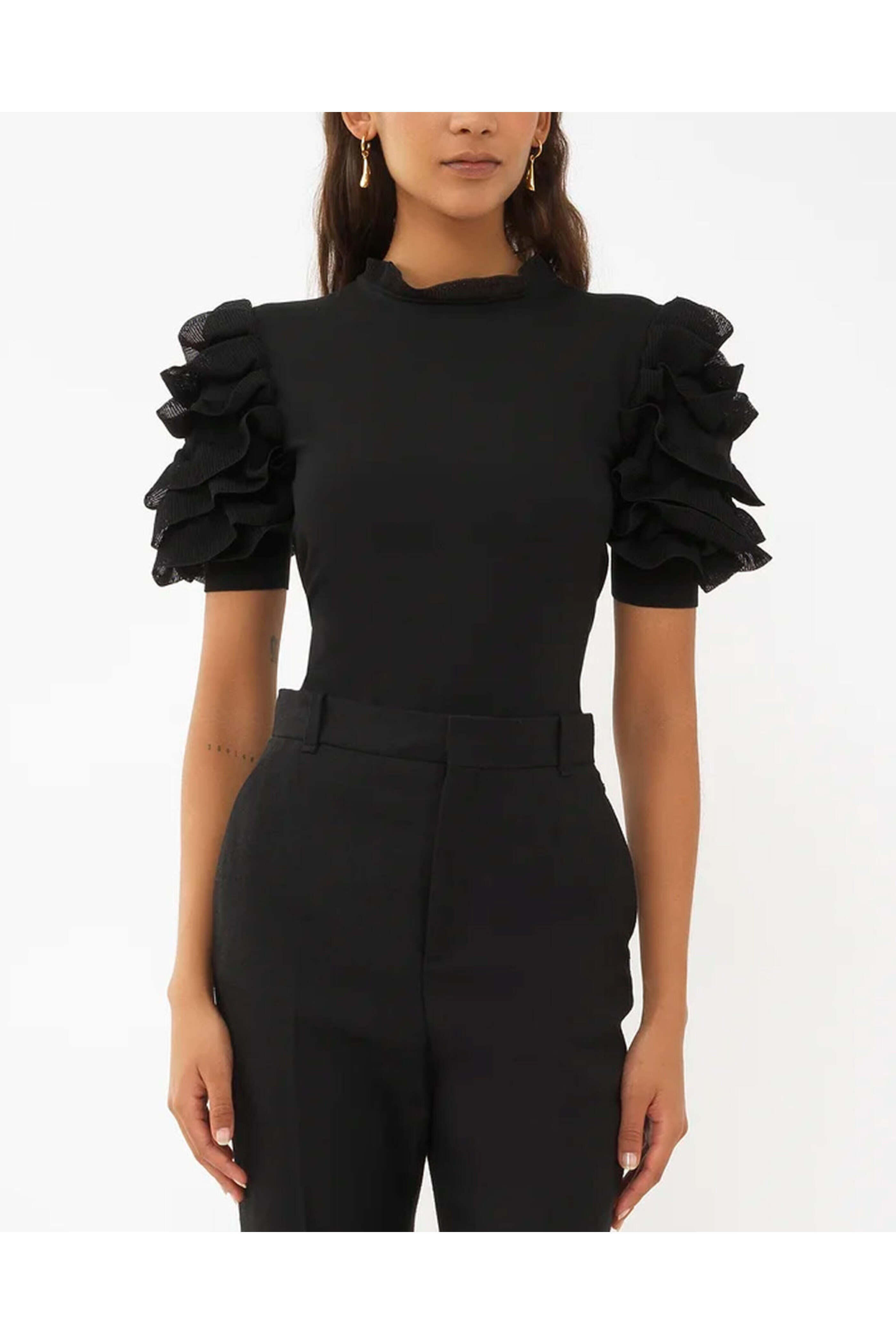 Chloé - Black Short Sleeve Ruffle Knit Top | Mitchell Stores