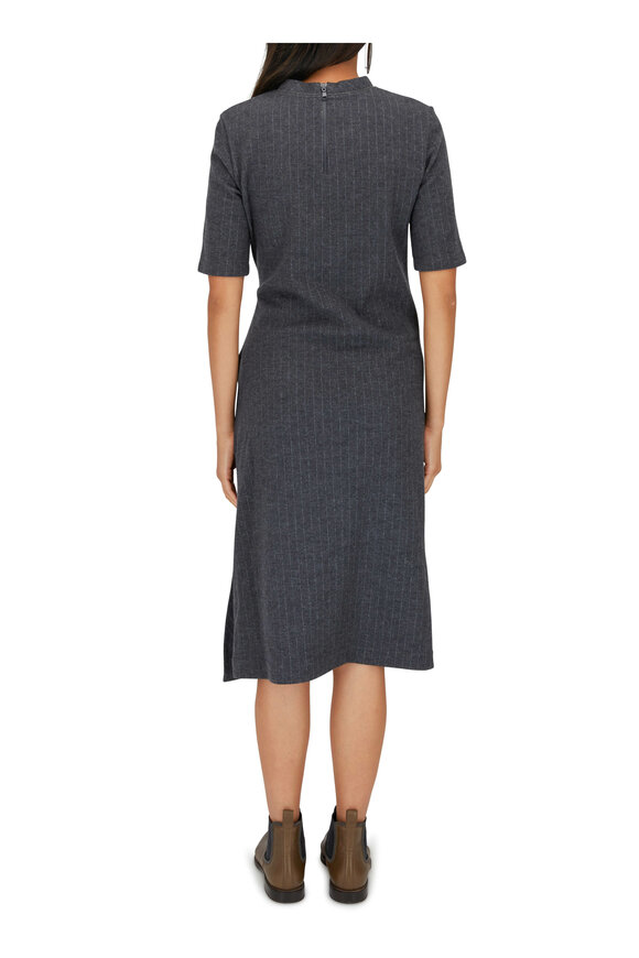 Brunello Cucinelli - Anthracite Wool Pinstriped Short Sleeve Dress 