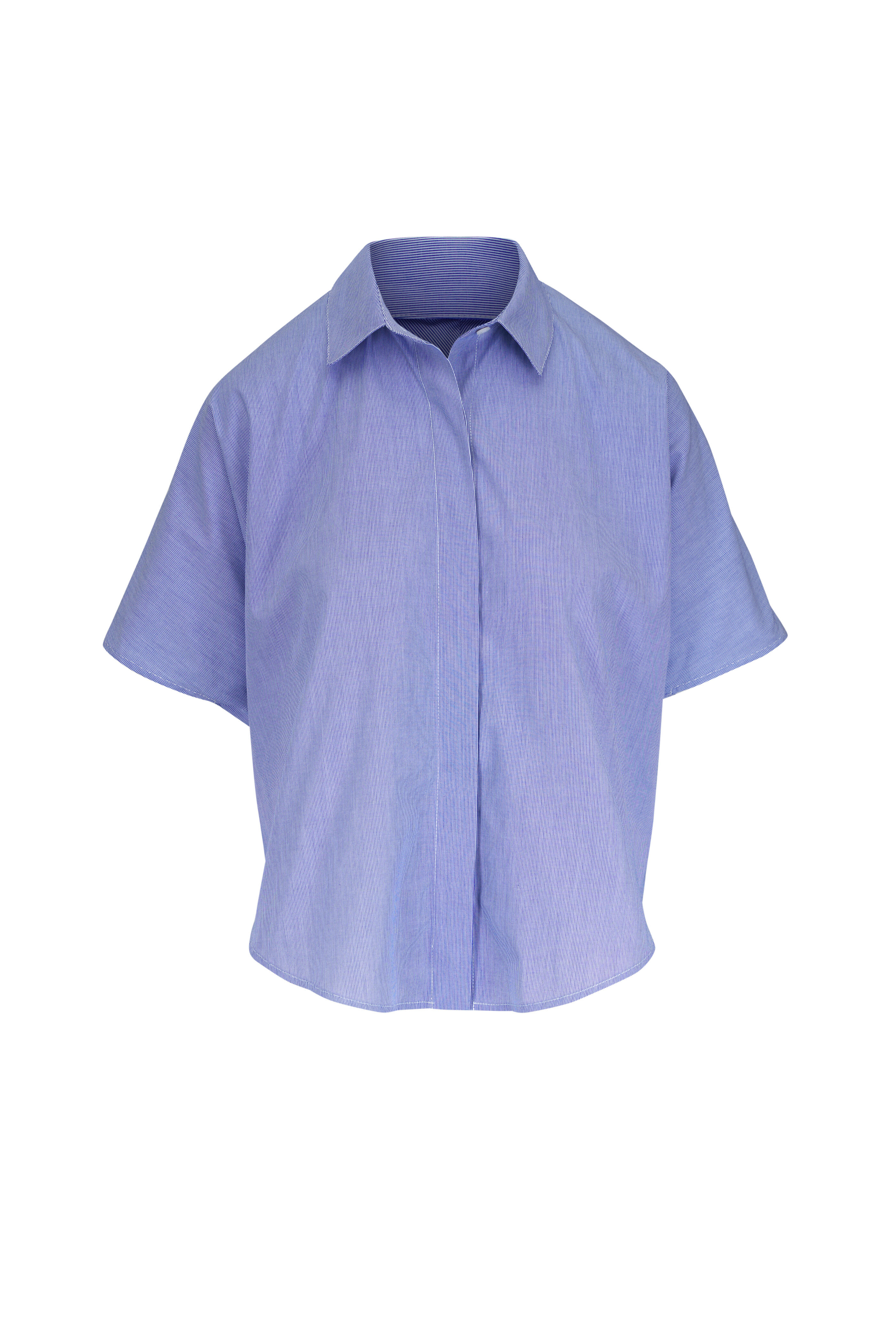 Zero + Maria Cornejo - Circle Blue & White Microstripe Cotton Blouse