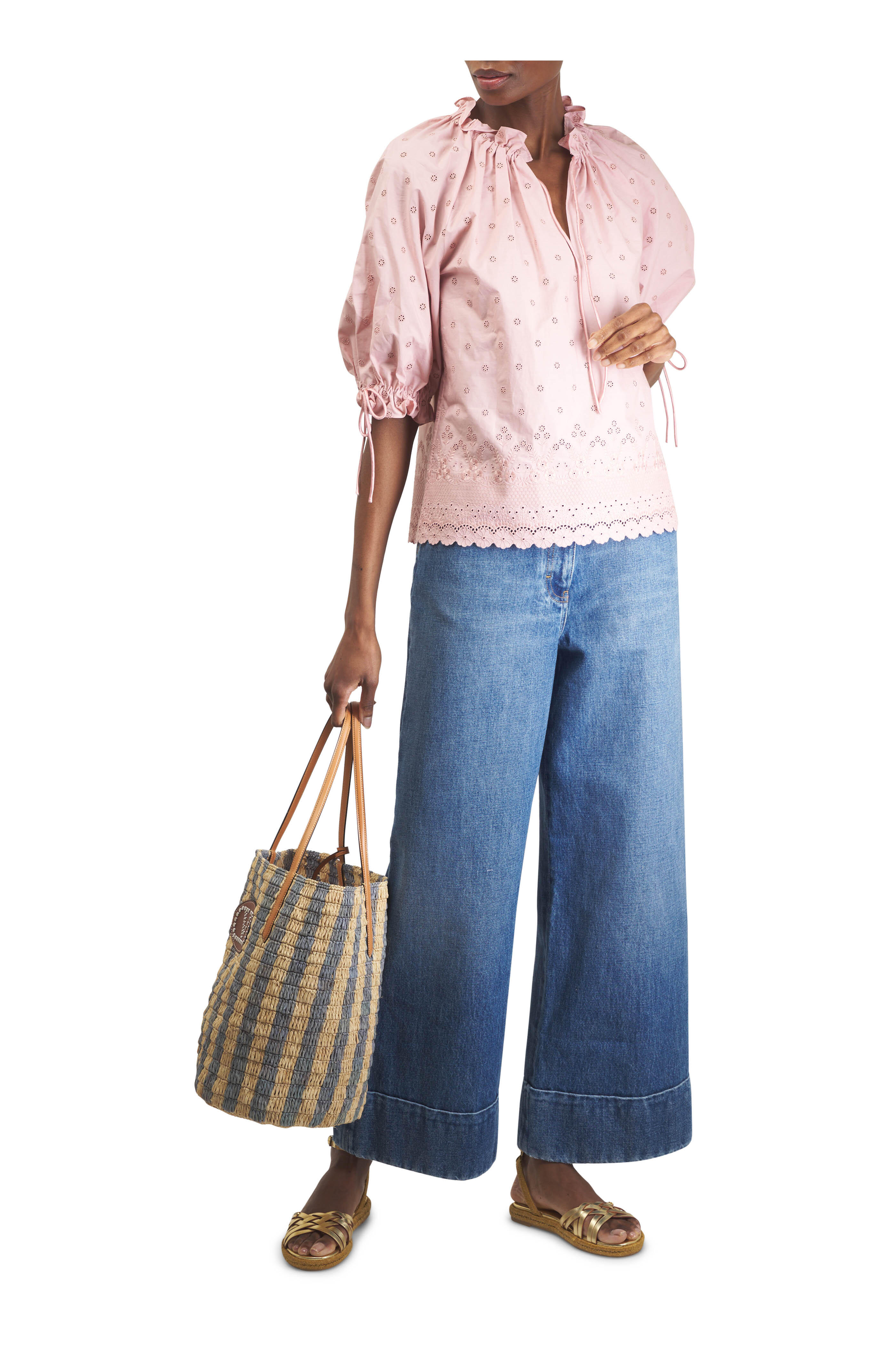 Valentino Garavani - VLogo Natural & Azure Stripe Raffia Shopping Bag