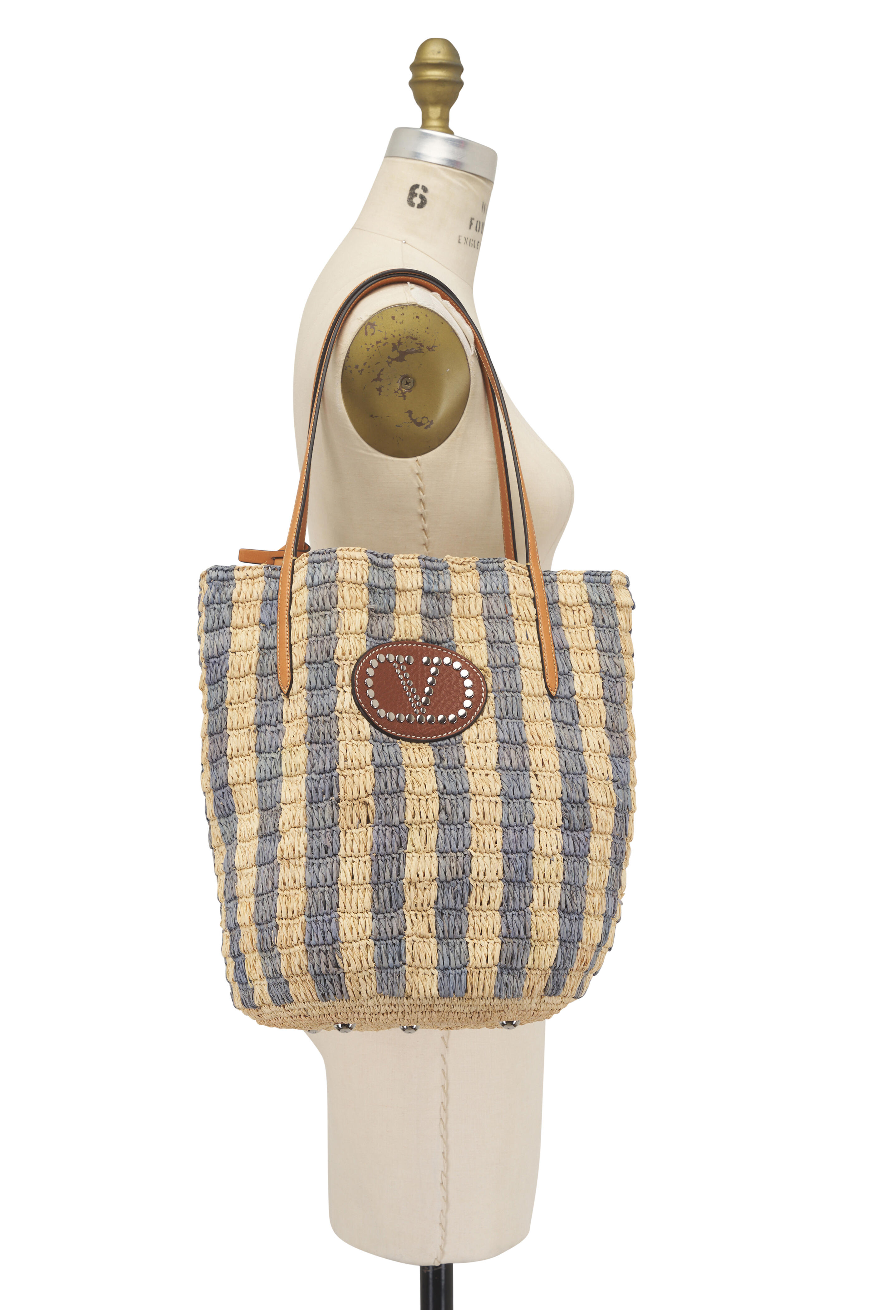 Valentino Garavani - VLogo Natural & Azure Stripe Raffia Shopping Bag