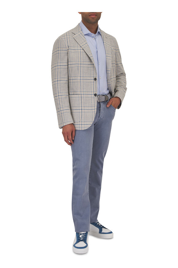 L.B.M. 1911 - Blue, Cream & Brown Plaid Cotton Sportcoat 