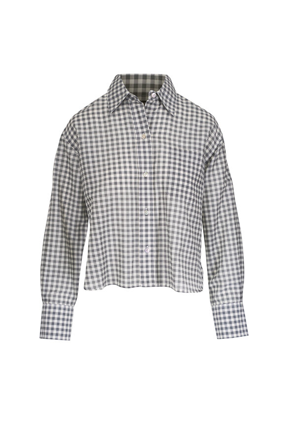 Vince Off White & Gray Gingham Cropped Button Up Shirt