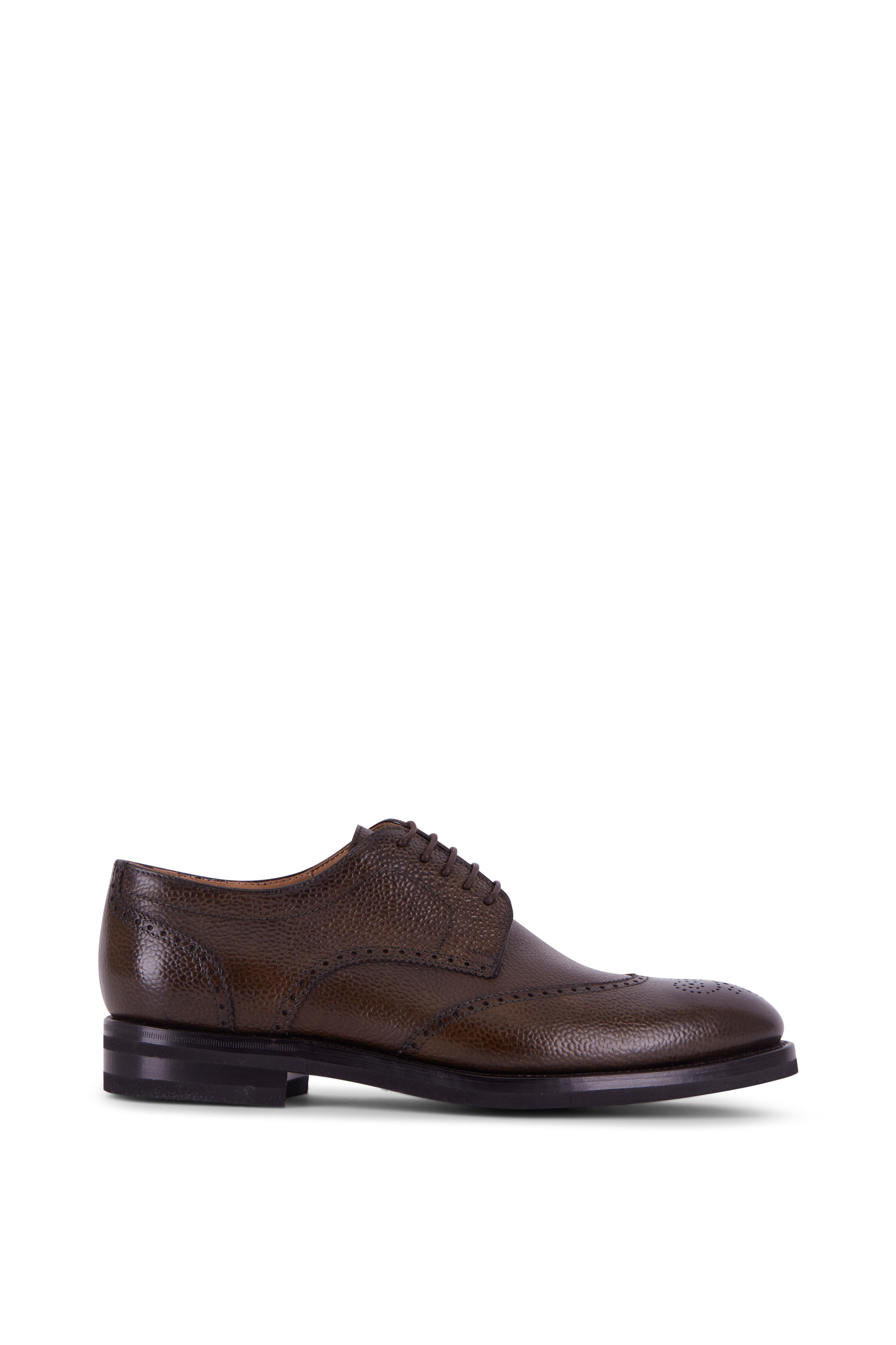 Kiton - Anticato Olive Green Leather Wingtip Dress Shoe