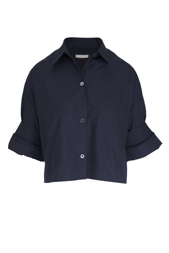 TWP Next Ex Navy Blue Cotton Crop Shirt