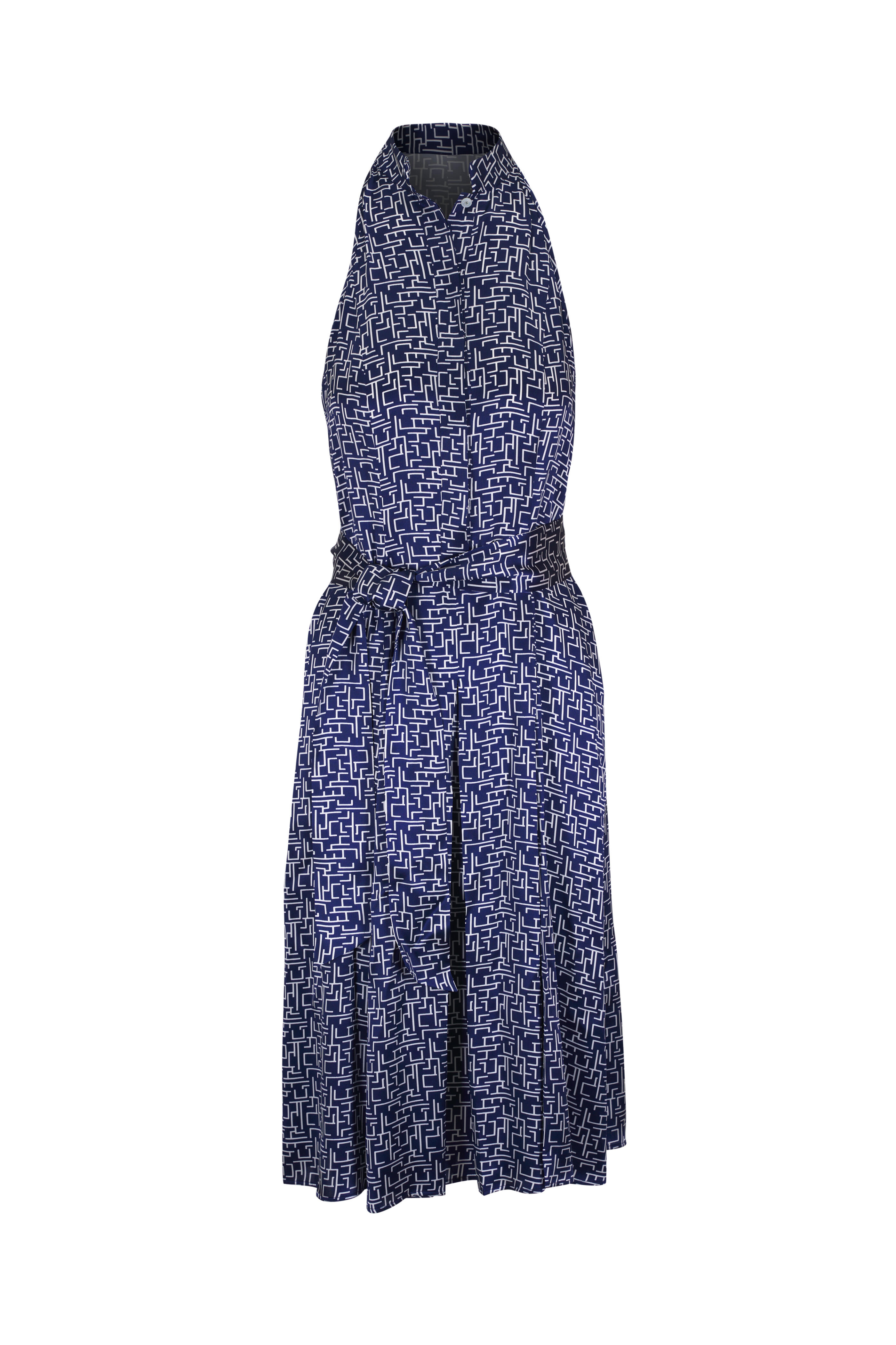 Kiton - Navy & White Geometric Print Silk Dress