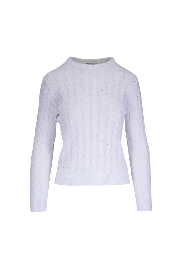 Kinross White Sequin Cable Knit Crewneck Sweater