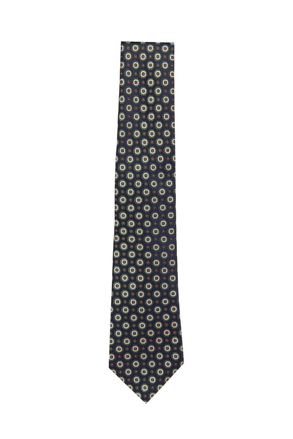 Kiton Navy & Green Mini Geometric Silk Necktie - view 1